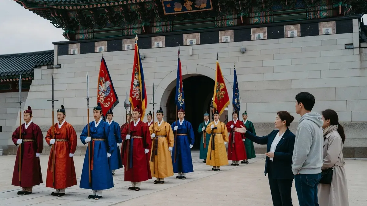 Guide showing a couple the changing of the guard at Gyeongbokgung Palace on a seoul private tours city highlights day in Seoul, South Korea
