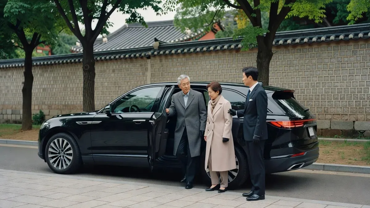 Guests stepping from a luxury SUV at a Seoul landmark on a minimal-walking seoul private tours comfort day in Seoul, South Korea