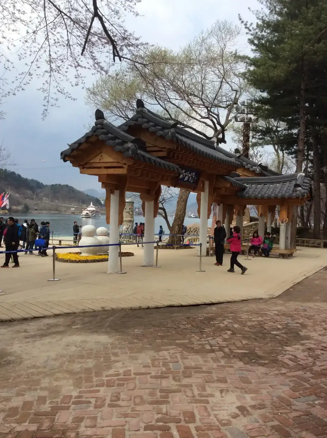 The timber gate pavilion by the landing on Nami Island on a Nami Island tour from Seoul